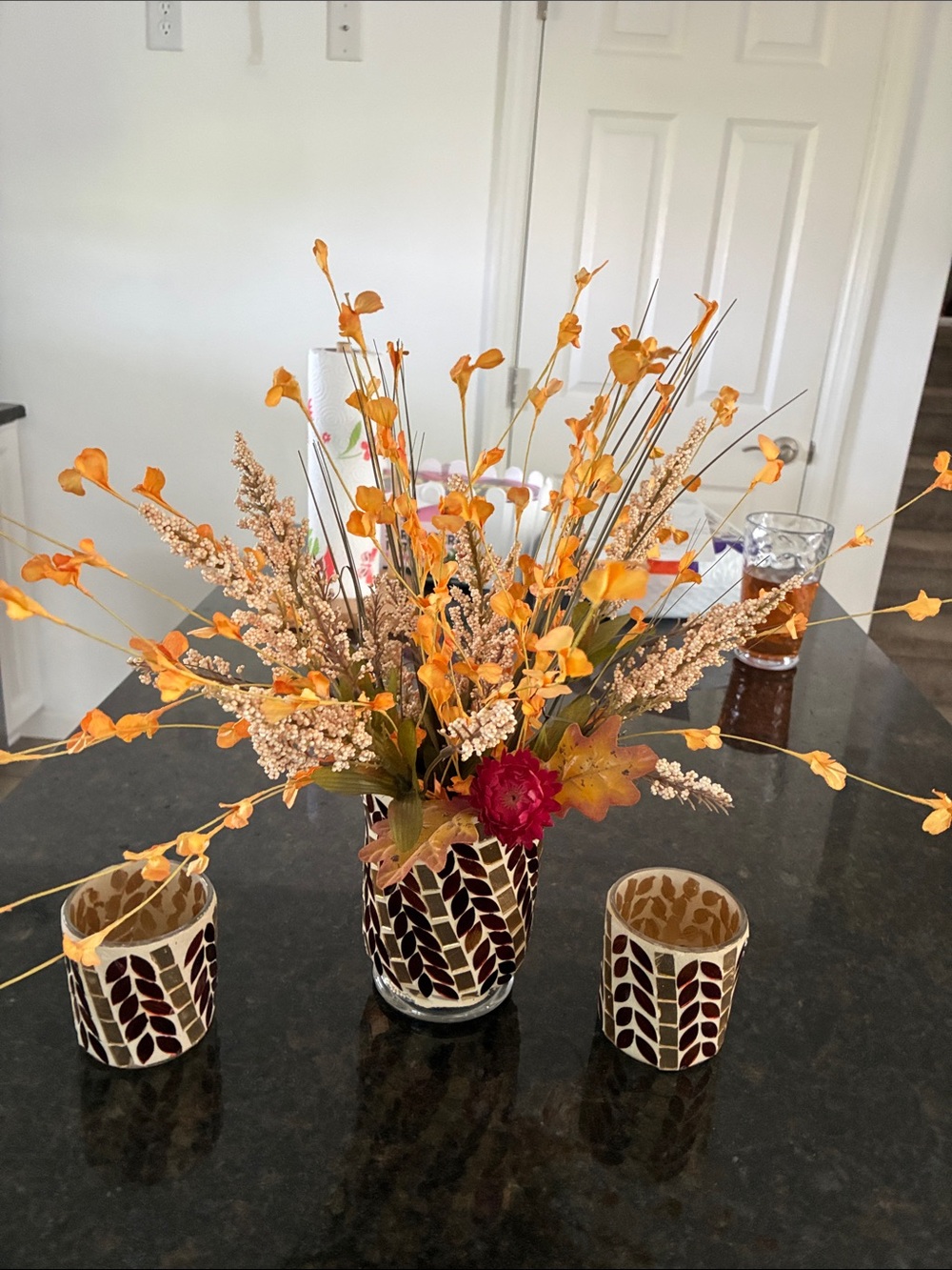 Autumn Orange Floral Arrangement in Mosaic Vase - Home Accents.  Candles jar  l